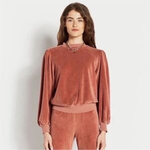 Suzi Kondi Velour Perissa Puff Sleeve Sweatshirt in Chestnut